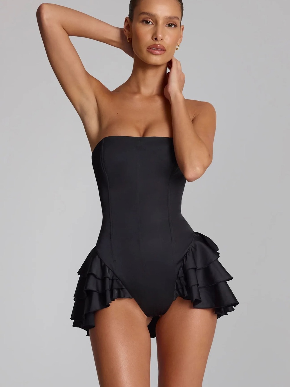 Oh Polly Priaska Ruffled Lace-Up Corset Playsuit in Black
